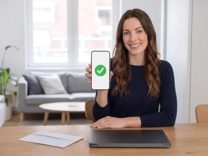 Eine Wahlberechtigte hält ein Smartphone mit einem großen grünen Haken als Teilnahmebestätigung in die Kamera.