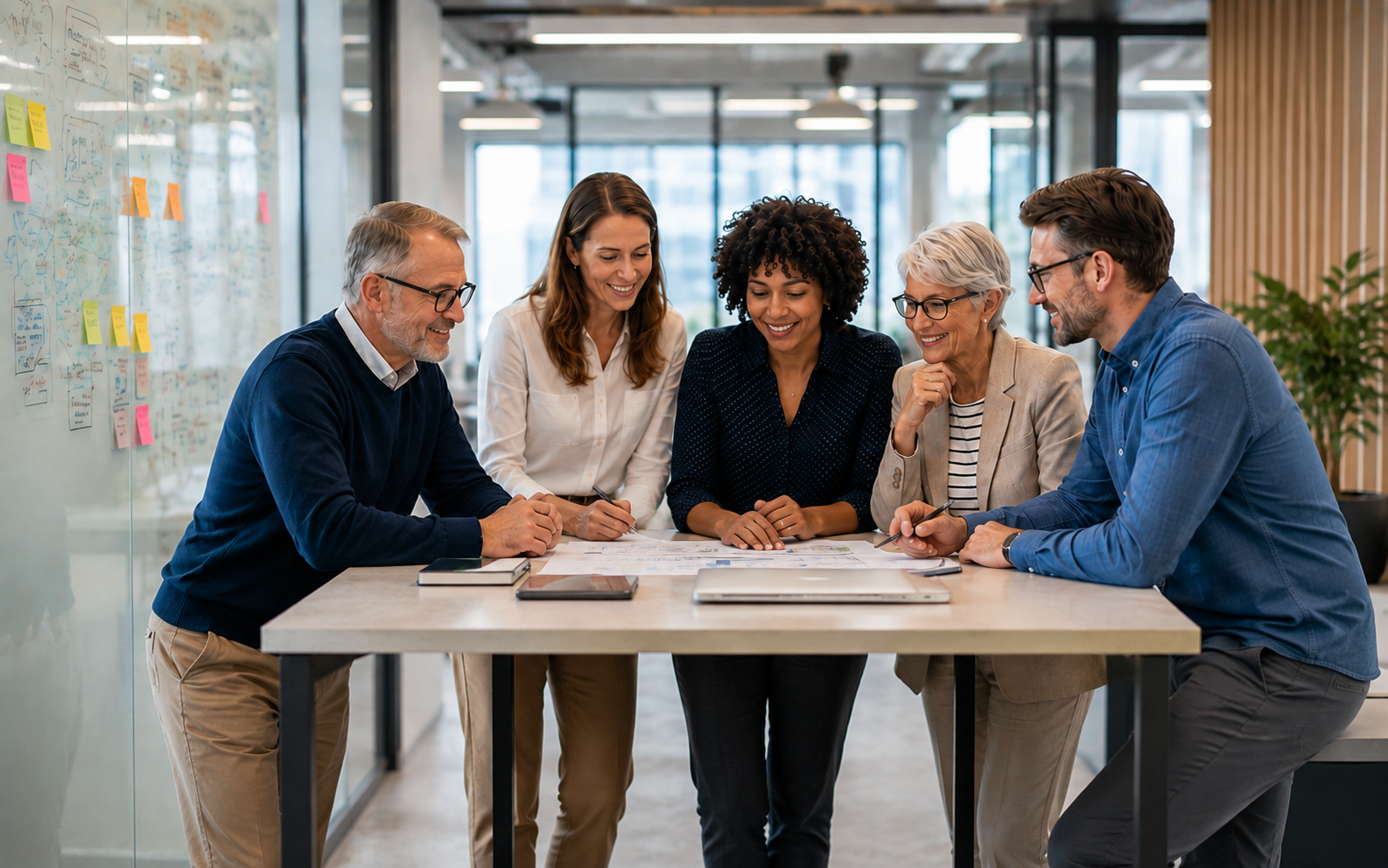 Ein Wahlteam arbeitet mit freigegebenen Unterlagen an einem Besprechungstisch.